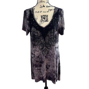 Vocal Women's Tie Dye Tunic Dress Sz XL Black Gray Lace Embroidery Rhinestones
